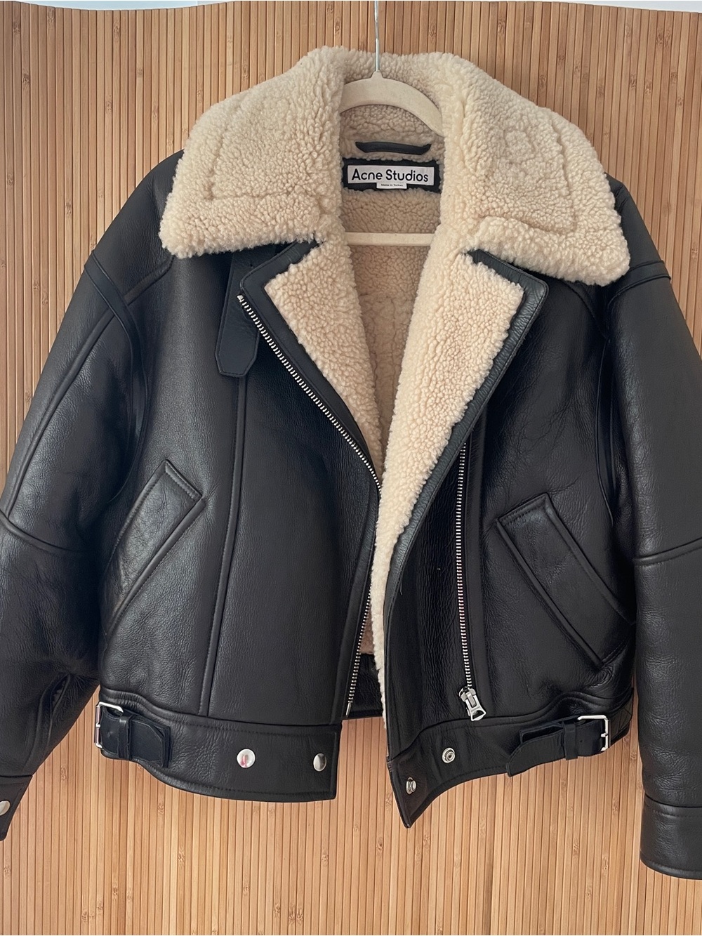 Acne Black Leather Jacket with Cream Shearling Collar